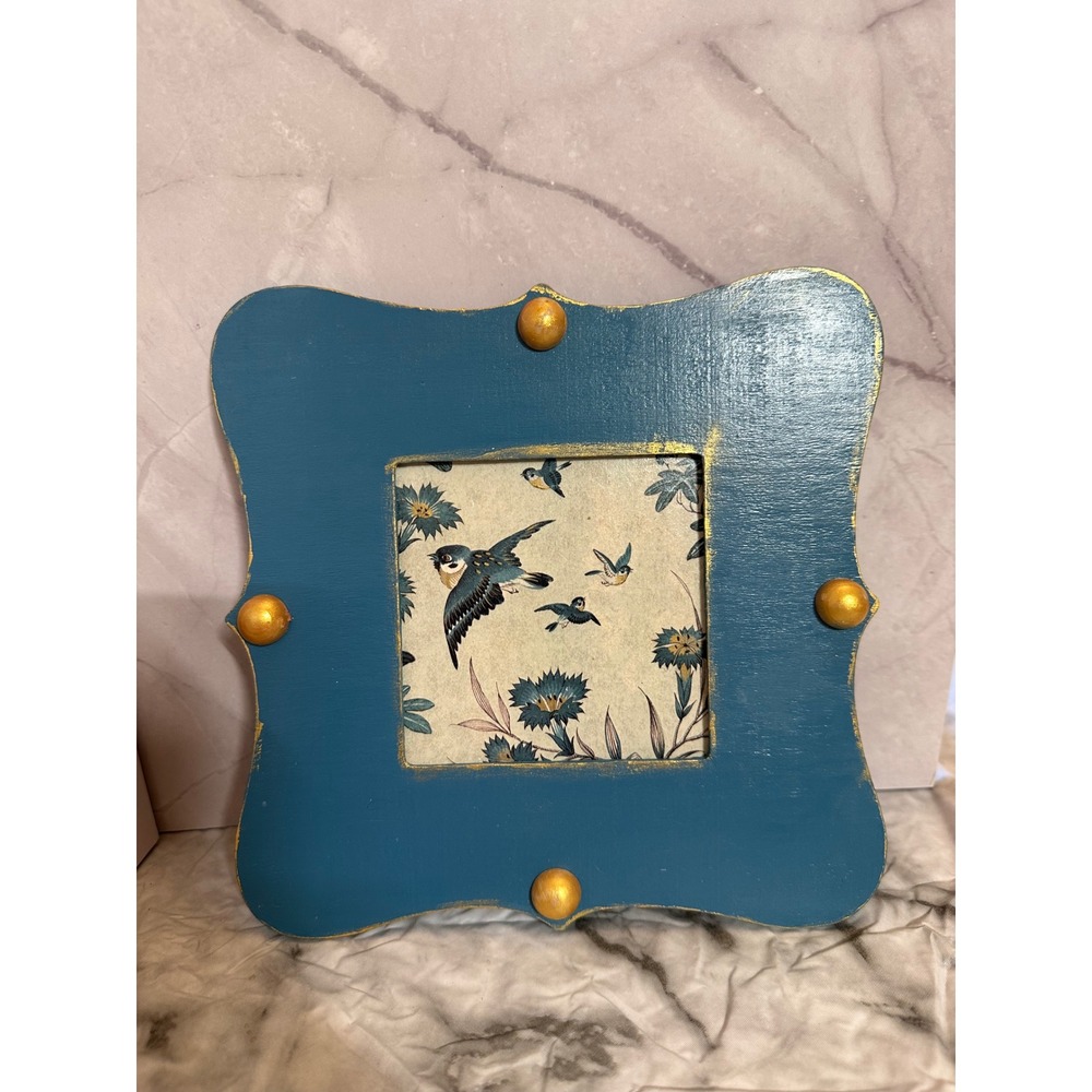 Vintage Teal Blue Scalloped Wood Picture Frame Gold Studs Bird Print 7x7